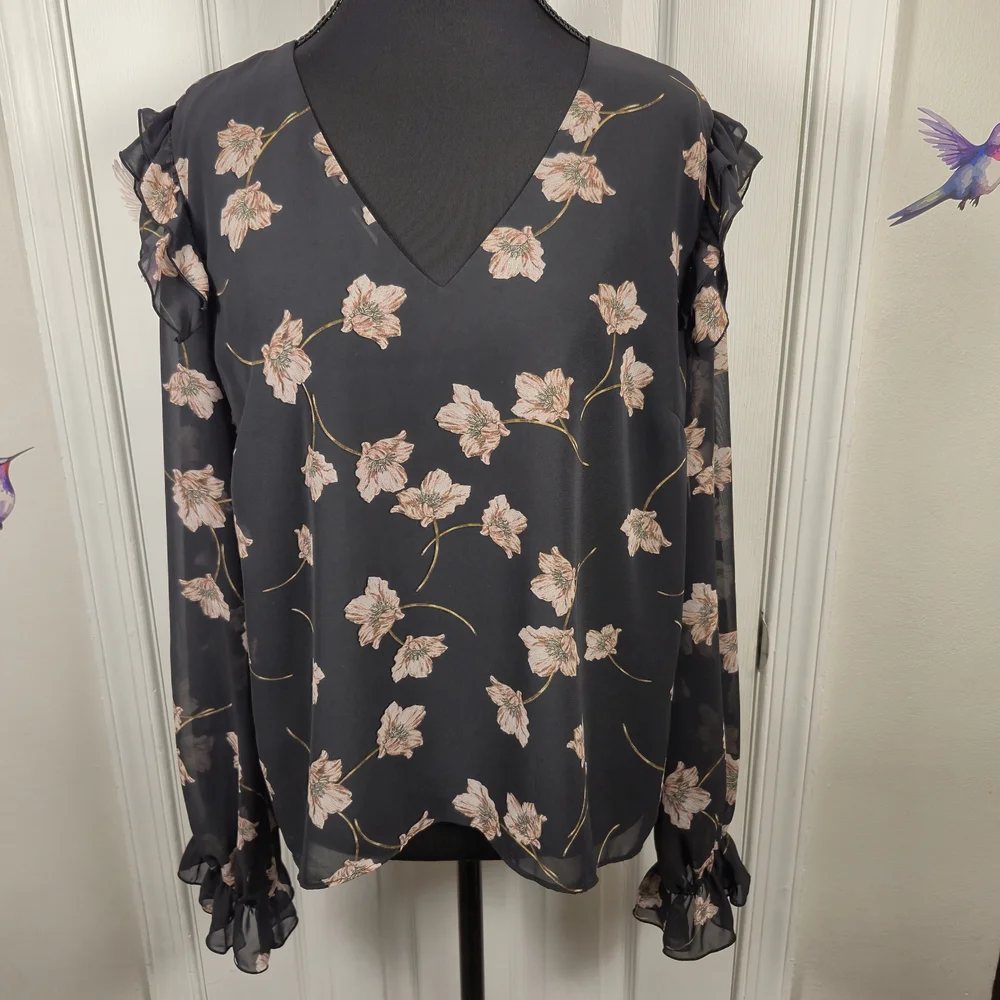 bar III Floral Ruffle V-Neck Sheer Long Sleeve Blouse Top L - Picture 3 of 7